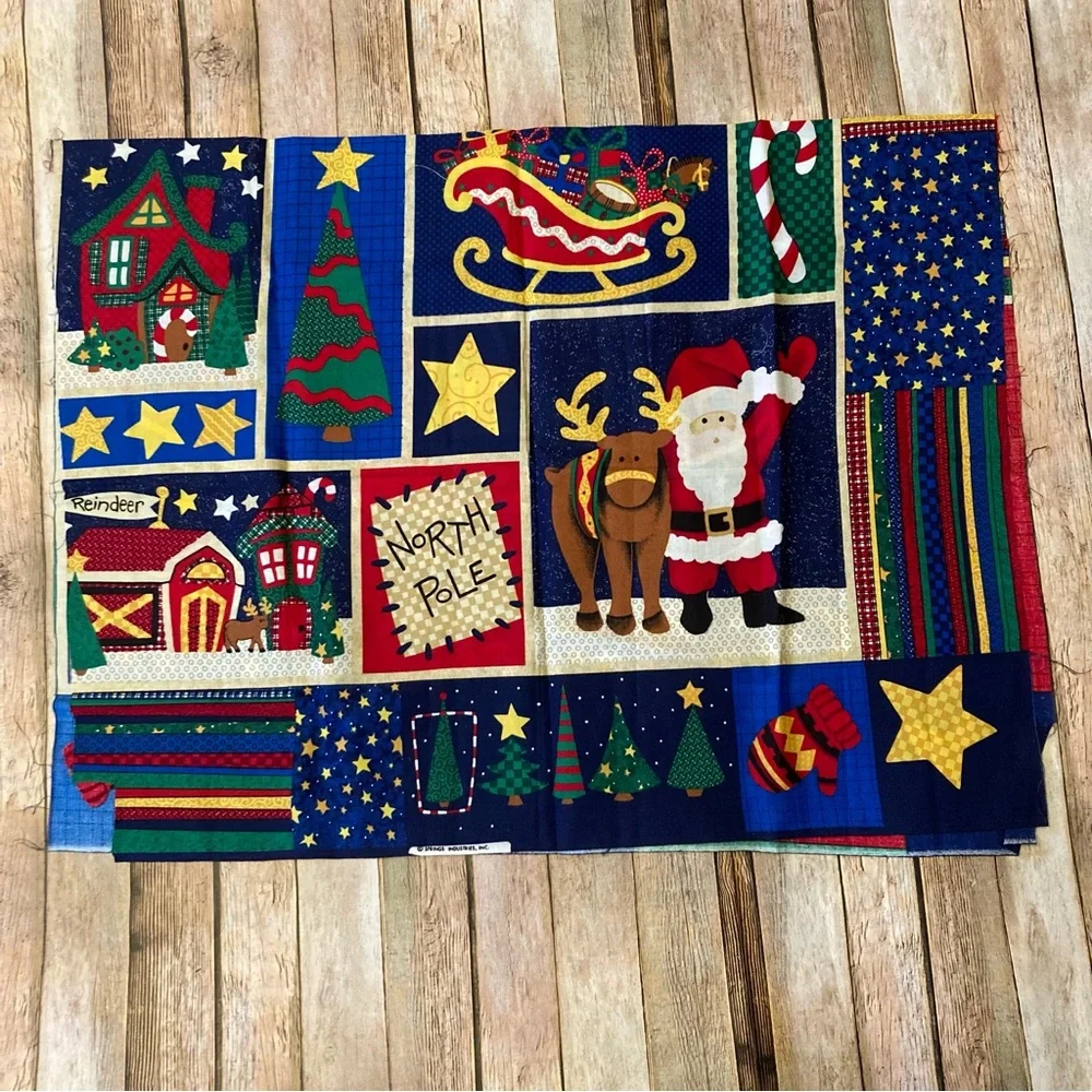 Colorful Holiday Fabric Panel with Santa and Reindeer New 30” X 44”